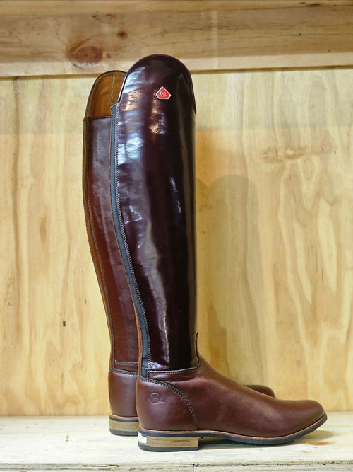 Burgundy patent leather riding boots